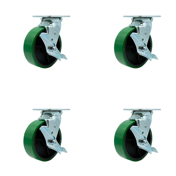 Service Caster 6 Inch Green Poly on Cast Iron Swivel Caster Set with Roller Bearings and Brakes SCC-30CS620-PUR-GB-TLB-4 - main